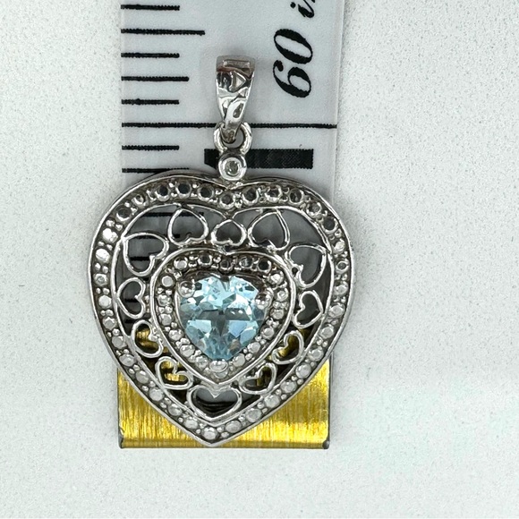 10K WG/925 Filigree Blue Topaz Heart Pendant Necklace - Picture 12 of 16